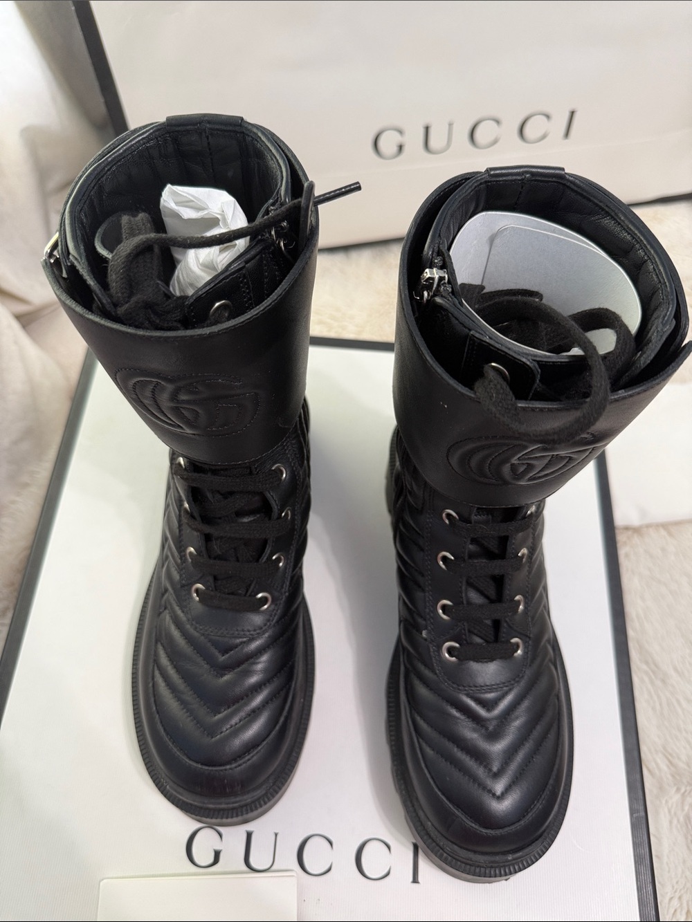 Gucci Black Quilted Leather Lace-Up Combat Boots - Picture 7 of 8